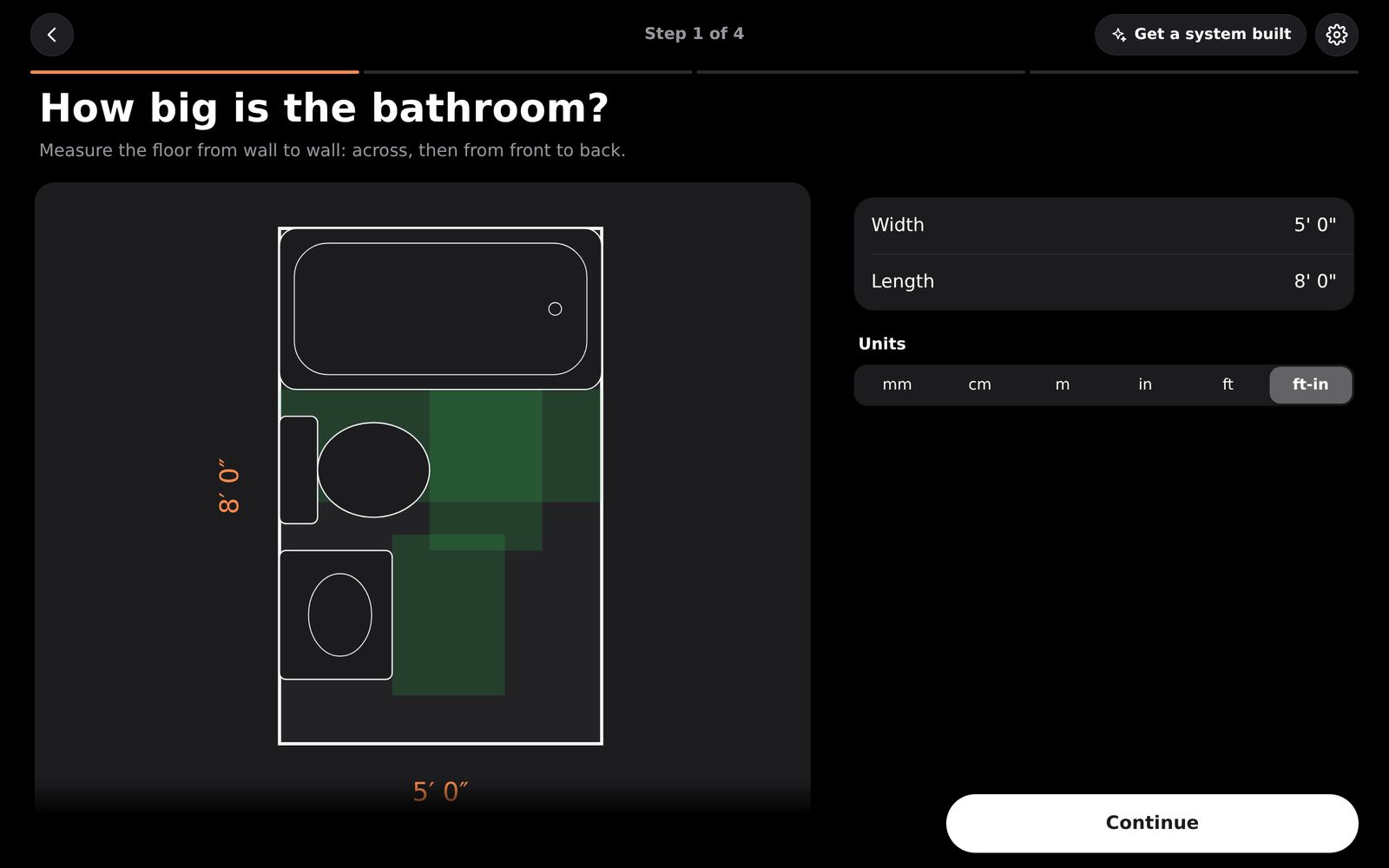 Type the width and the length, wall to wall. A standard bathroom is filled in to start (in feet: a tub, toilet and vanity; in metric: a shower, toilet and sink). Change it to your sizes.