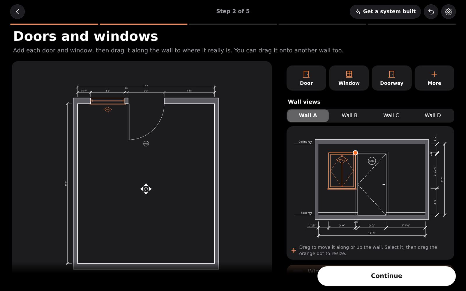 A door and a window on wall A.