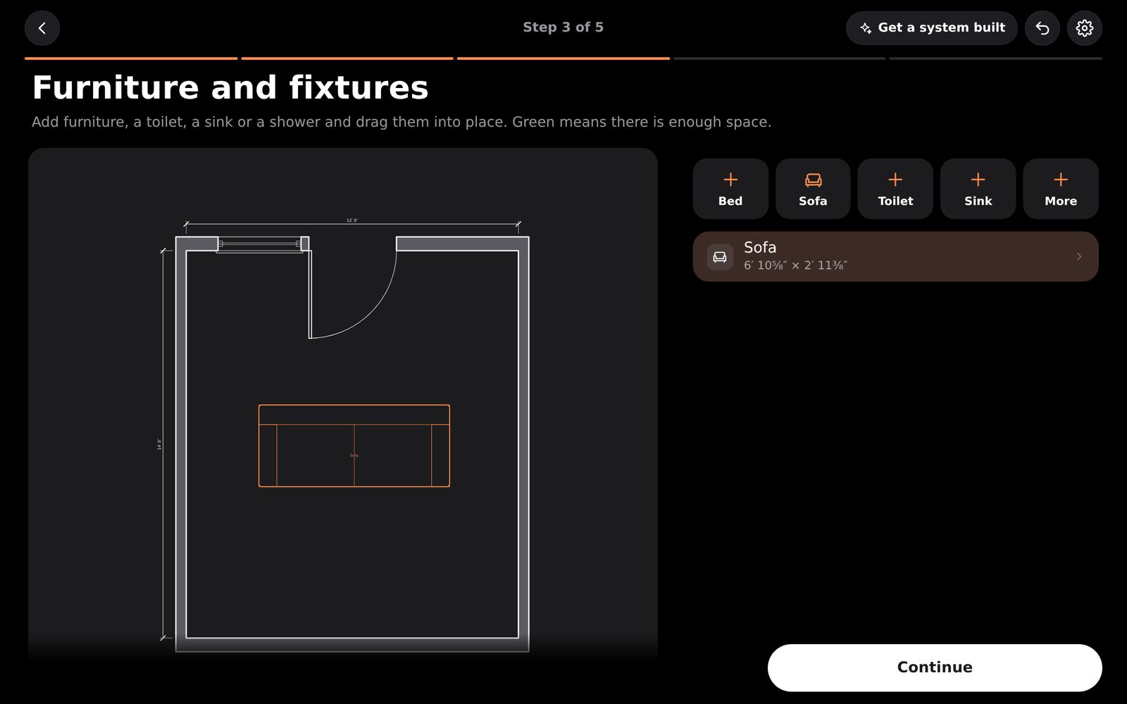Furniture and fixtures are optional. Green means there is enough space around them.