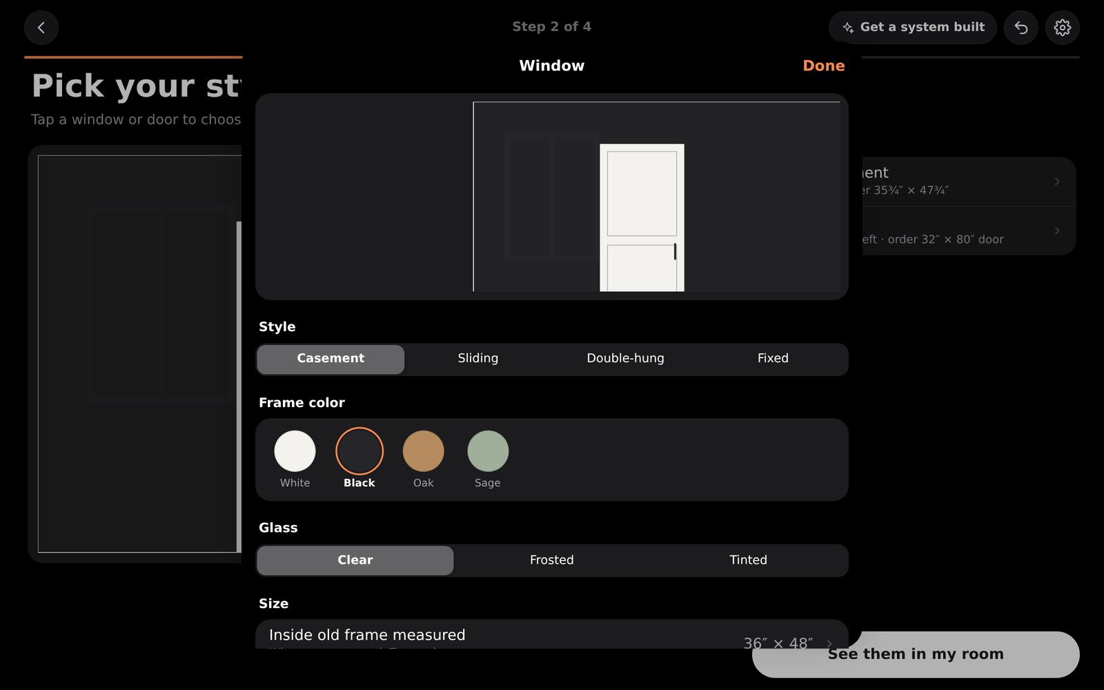 A window: style (casement, sliding, double-hung or fixed), frame color, glass (clear, frosted or tinted), and at the bottom the size to order.